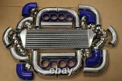 3 12pc CHROME FRONT MOUNT INTERCOOLER TURBO PIPING KIT + BLUE COUPLER CLAMPS