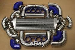 3 12pc CHROME FRONT MOUNT INTERCOOLER TURBO PIPING KIT + BLUE COUPLER CLAMPS