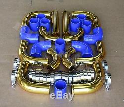 Universal 2.5 12pc 24-K Gold Front Mount Intercooler Piping Kit + Blue Couplers
