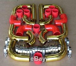 Universal 2.5 12pc 24-K Gold Front Mount Intercooler Piping Kit + Red Couplers